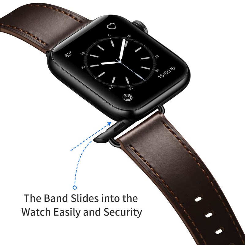 OUHENG Leather Bands Compatible with Apple Watch Band 42mm 41mm 40mm 38mm, Genuine Leather Strap Compatible with Apple Watch Series 11/10/9/8/7/6/5/4/3/2/1 & SE3 SE2 SE, Dark Brown/Black - Image 4